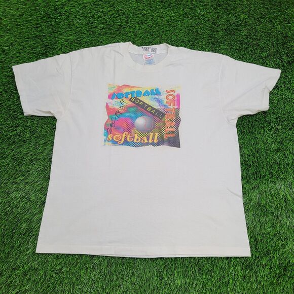 Vintage 90s Hanes Shirt XL 23x27 White Softball - Picture 1 of 15